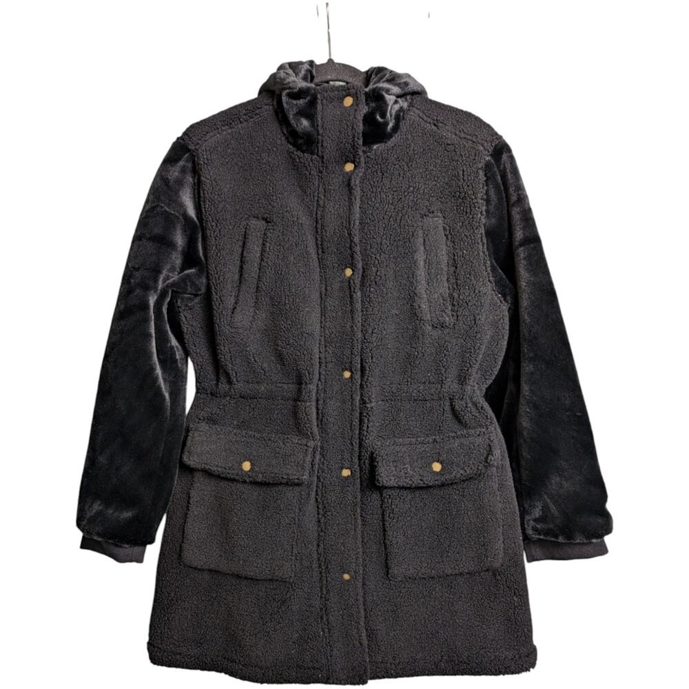 New Eden Society Black Hooded Fleece Parka Coat Size M